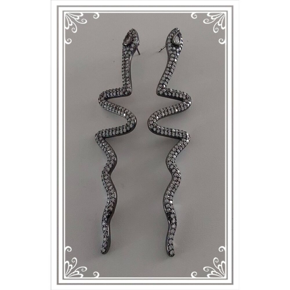 Trendy New Long Silver Rhinestone & Black Rhodium Snake Design Earrings